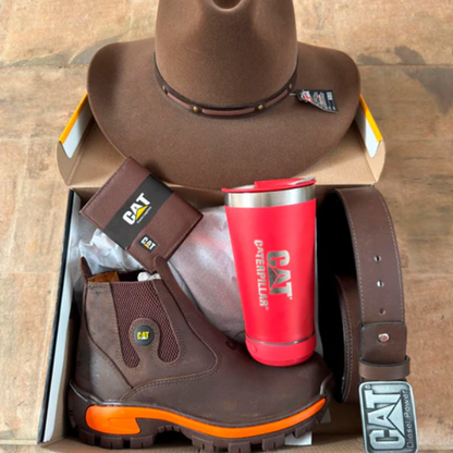 Kit Bota de Hombre Adventure en Cuero Legítimo con Plantilla Ortopédica +4 REGALOS: Sombrero, Cinturón, Billetera y Vaso Térmico